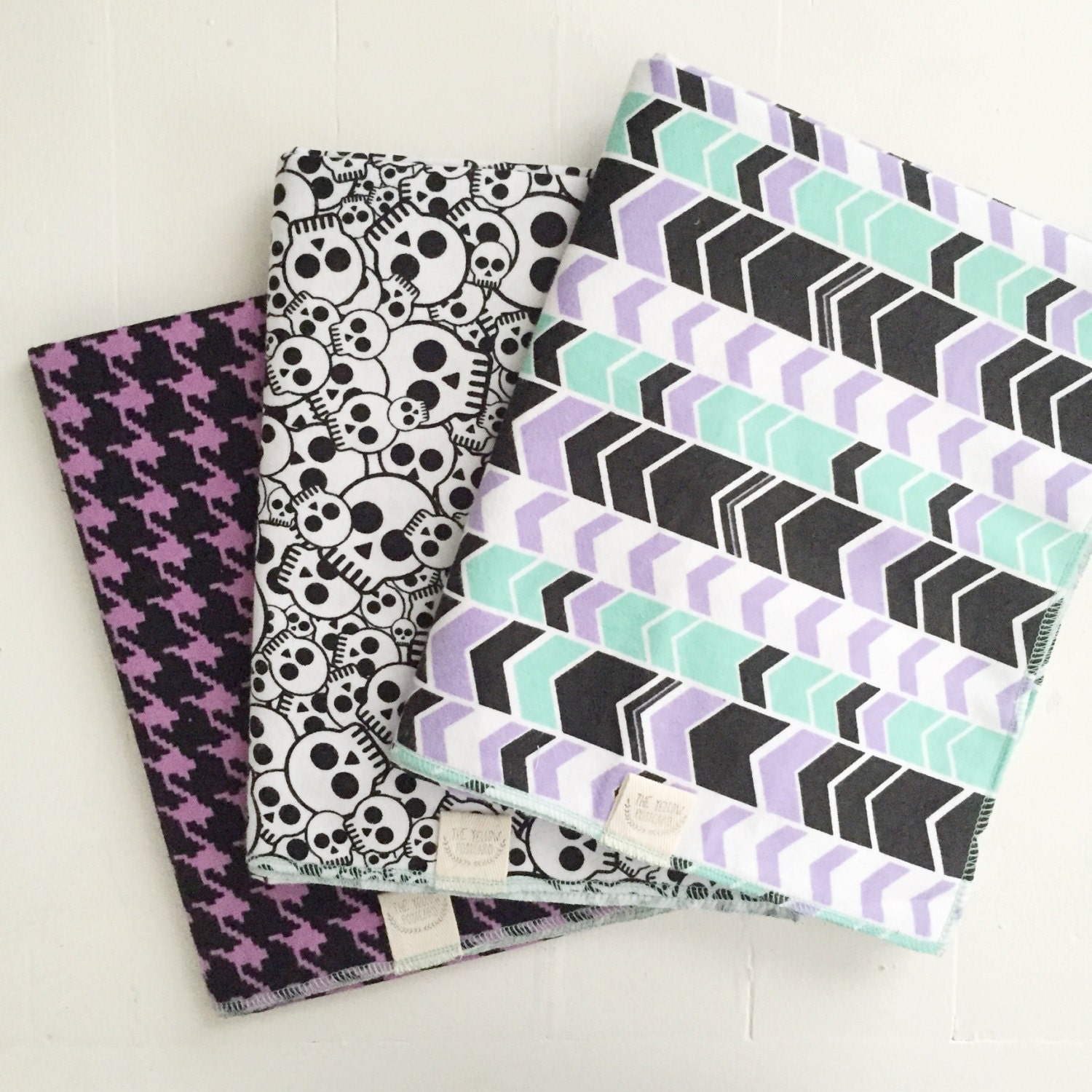 Flannel Baby Receiving Blanket no. 1 (set of 3) // skull houndstooth geometric native arrow // purple black mint // serged // handmade