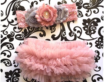 Ruffle bloomer and headband Set- Ruffle Bum Baby Bloomer and Inspired Vintage Shabby Chic Flower headband,Lace headband,Vintage pink
