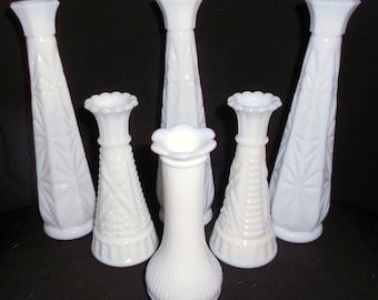 6 Vintage Milk Glass Bud Vases Instant Collection Rustic Wedding Center Piece Display