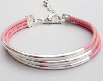 Custom LEATHER Long Silver Tube Bangle Cuff Bracelet - 3 Leather Cords Boho Leather Cuff Bracelet - Pick SIZE / COLOR - Usa 025