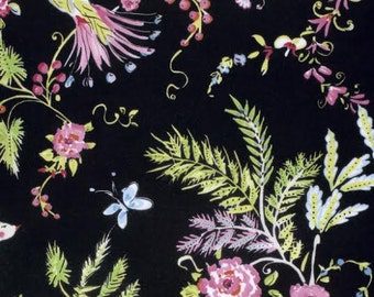 Chinoiserie Chic Fabric by Dena Designs 193 BirdSong Pastel Wispy Floral Flowers on Black