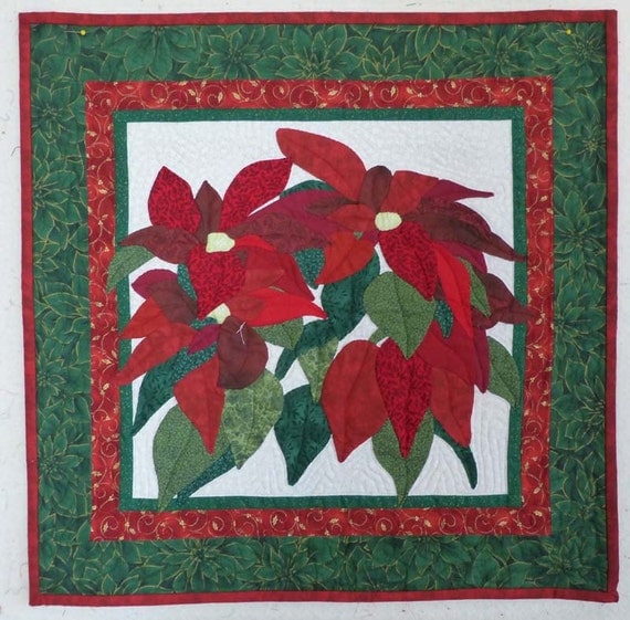 Christmas poinsettia wall hanging mini quilt hand appliqued red and green
