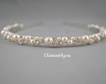 Swarovski Pearls rhinestone Balls Bridal Tiara Headband White or Ivory Beaded Silver Metal Hair Bridesmaid Wedding accessories Hair piece