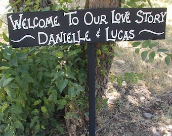 Personalized Your Name on Wood Country Wedding Sign on Stake Welcome To Our Love Story Directional Arrow