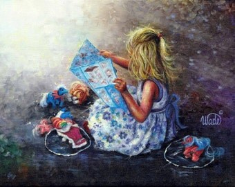 My Little Pony's Art Print of original painting, blond girl, little girls room, blue, wall decor, Vickie Wade Art