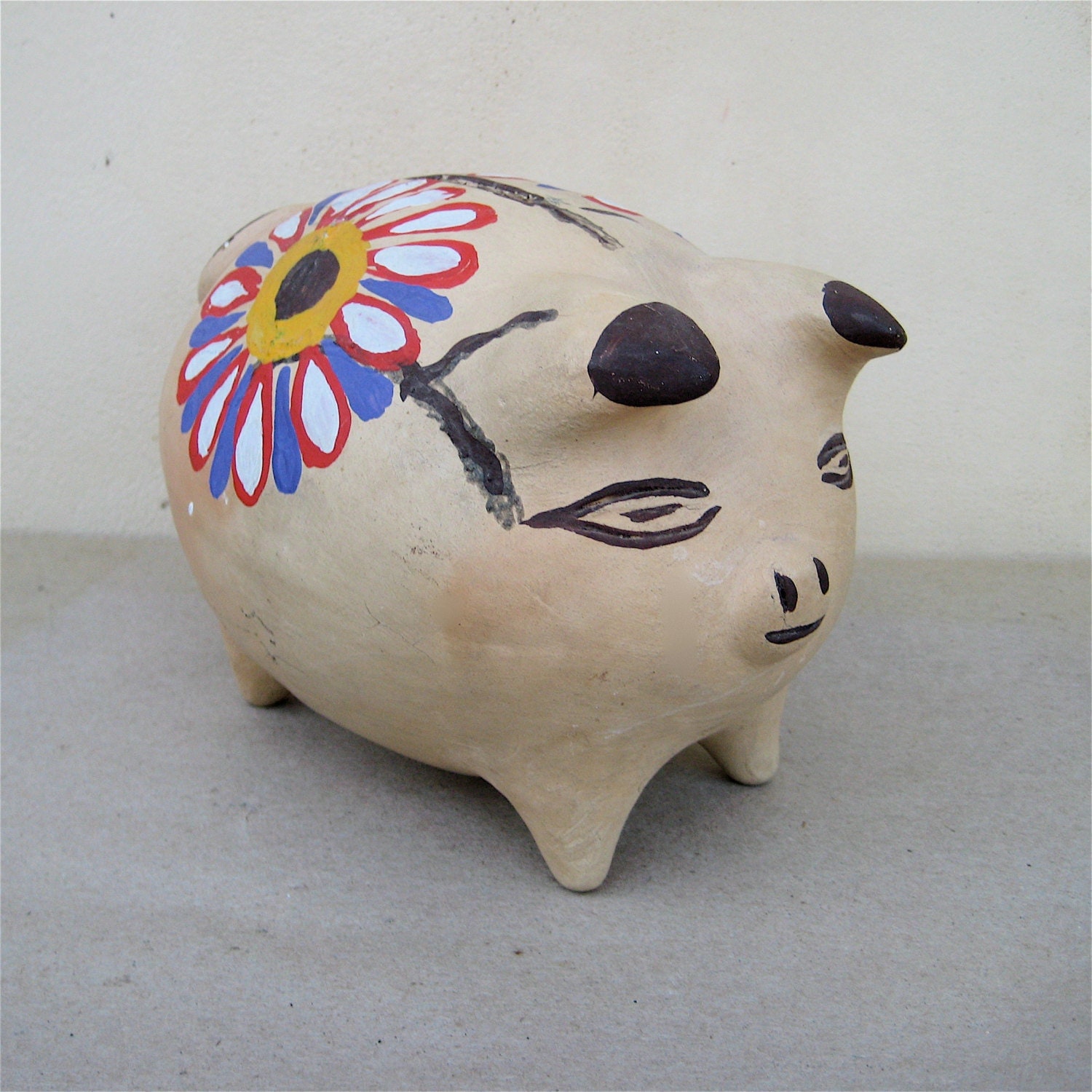 Mexican Clay Piggy Bank Hand Painted Folk Art Coins Included