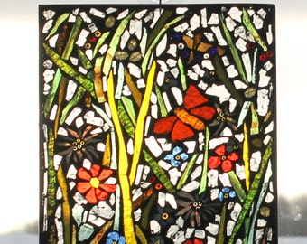 Mosaic ,flowers, butterfly - Stained Glass SunCatcher or wall Decoration