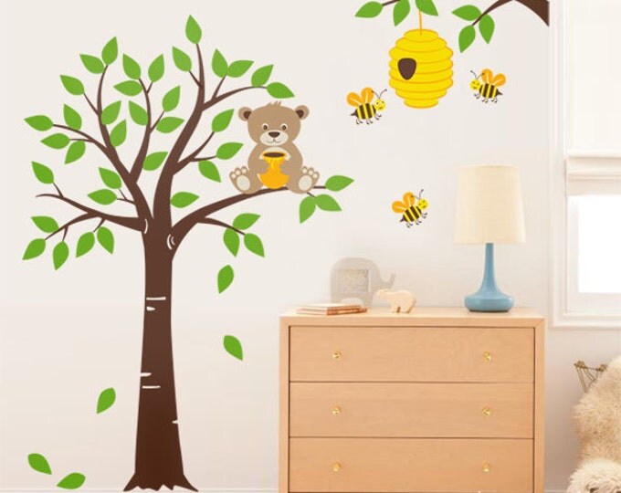 Tree Wall Decal Honey Bear and Bees Wall Decal Bear Wall Decal Nursery Kids Wall Decal Bees Wall Decal Bee Hive Bees Wall Decor Sticker