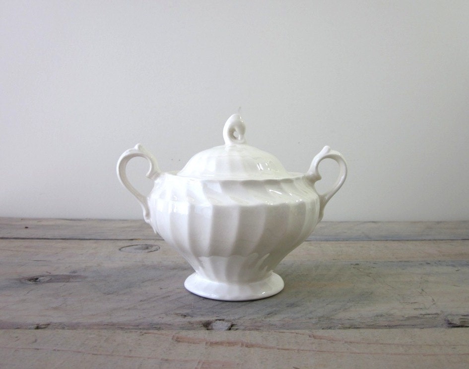 White Ironstone China Sugar Bowl with Handles Myott England