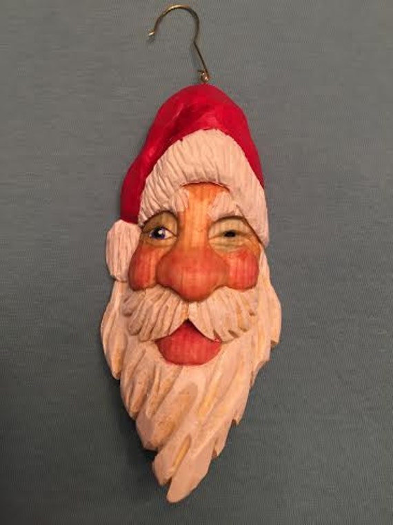 Hand Carved Winking Santa Claus Tree Ornament by RWKWoodcarving