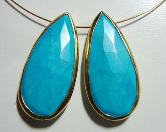Turquoise Faceted Pear Briolette Vermeil Sterling Silver Bezel Rim Connector Link Pendant, 1 pc - n25-1