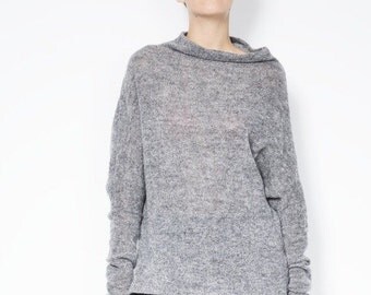 Wool Sweater / Asymmetric Blouse / Oversized Cardigan / Black Jumper / High Low Sweater/ See-through Blouse / marcellamoda - MB123