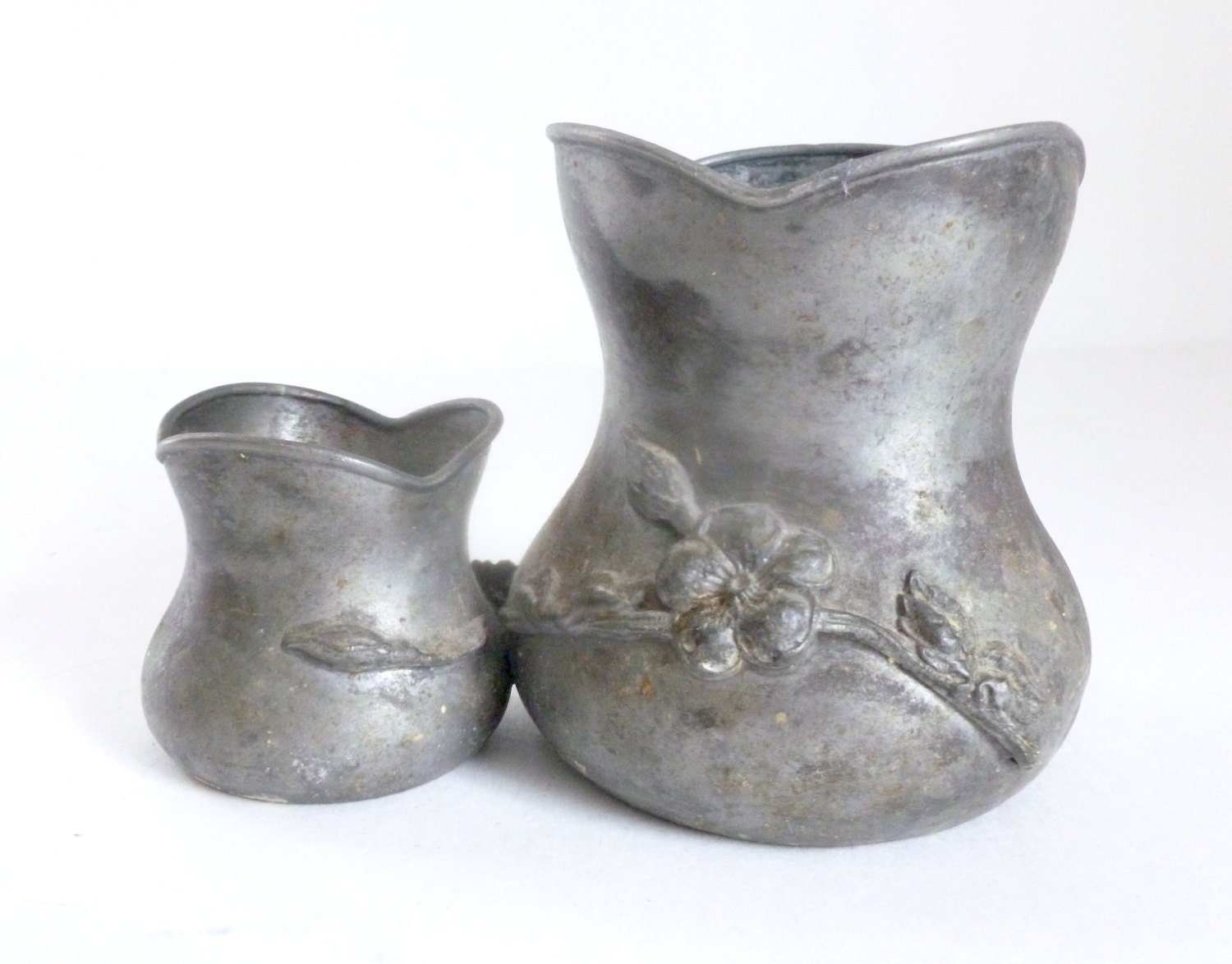 Antique Pewter Double Joined Vase with Flower Motif