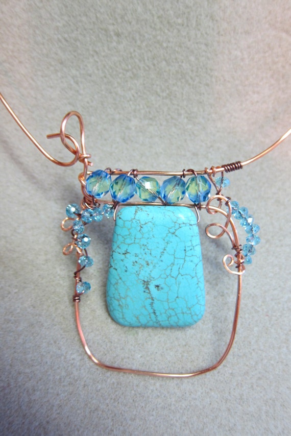 Statement necklace 18 inch choker Turquoise Pendant Bead OOAK  non tarnish copper wire wrap