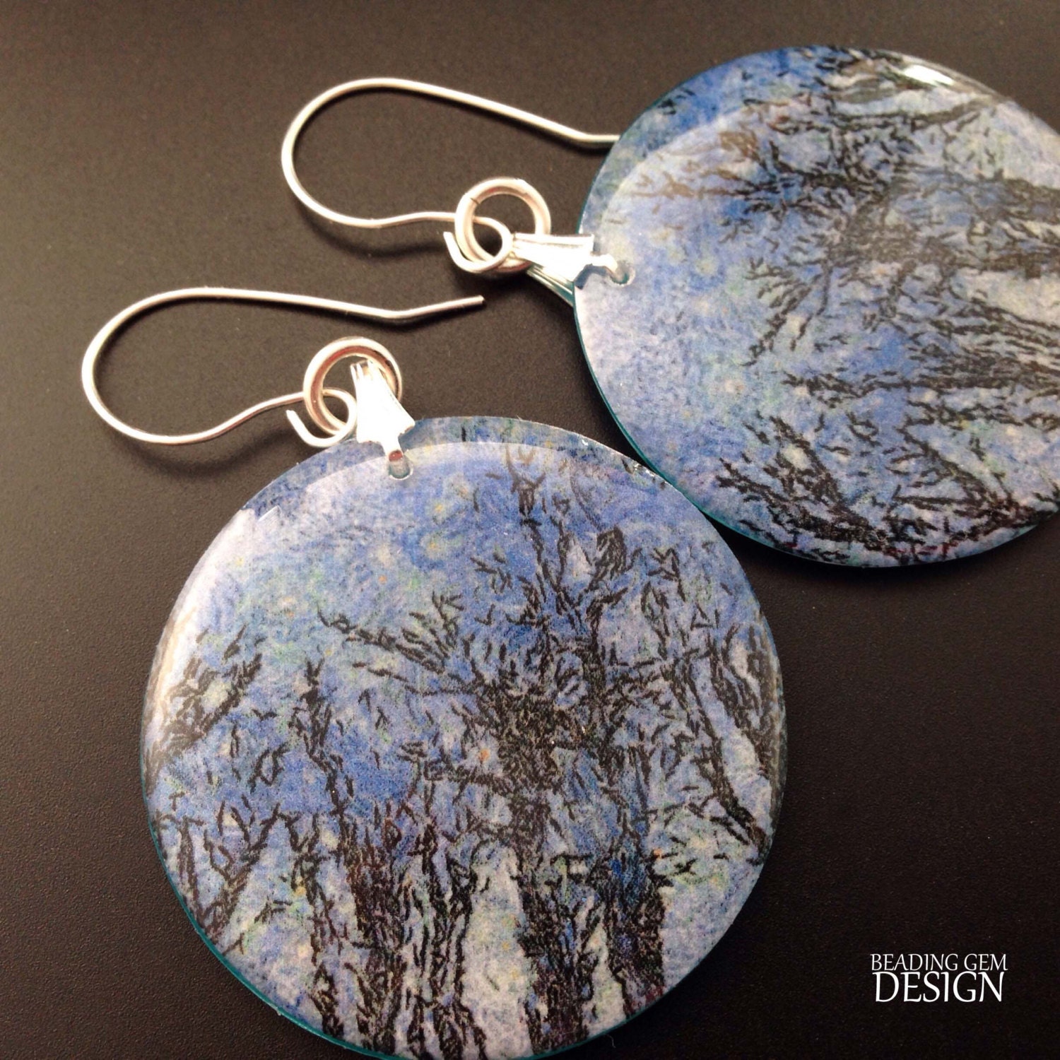 Blue Skies with Trees Photo Art Resin Earrings by beadinggem