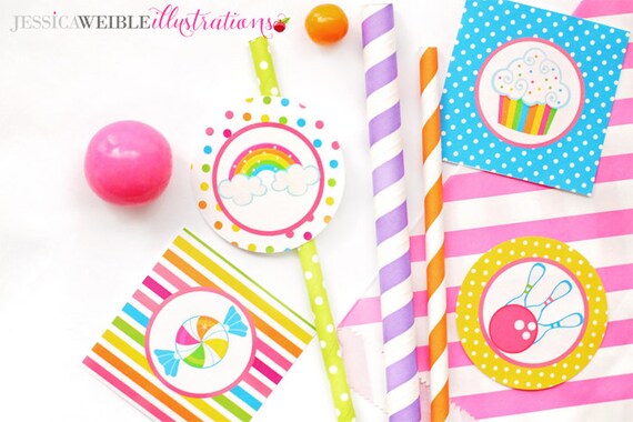 Girly Rainbow Bowling Theme - Printable Birthday Party Tags, Pink Bowling Party Printable Cupcake Toppers Il_570xn