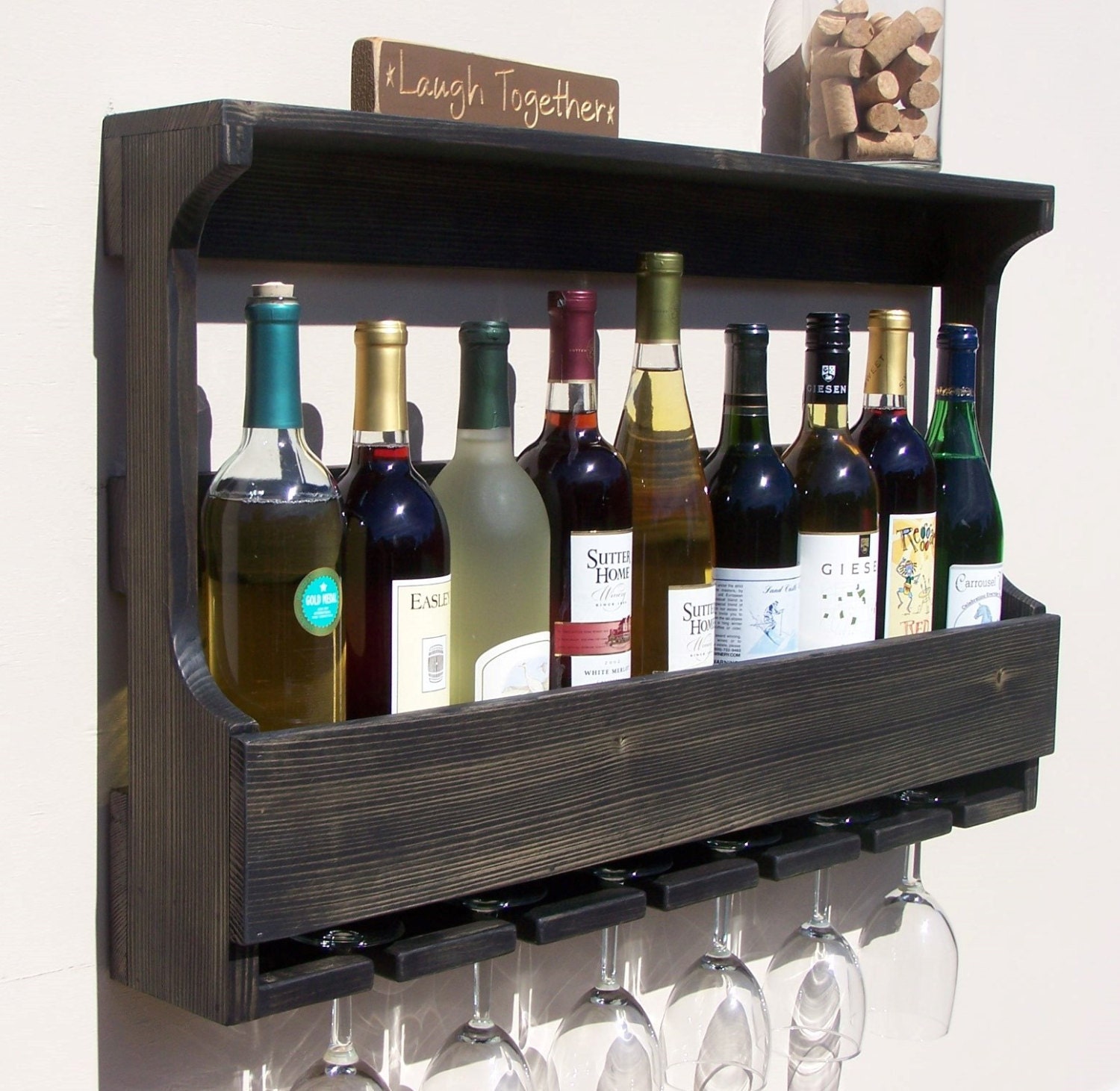 Rustic Wall Mount 9 Bottle Wine Rack With 6 Glass Holder
