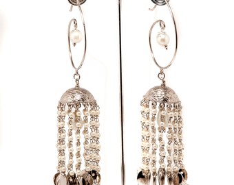 Pearl JHUMKAS,Large SILVER Jhumka,Pearl jewelry,Ethnic,Dome earring,Bridal Jewelry,Silver Jhumki,Indian Jewelry,Wedding Earrings by Taneesi