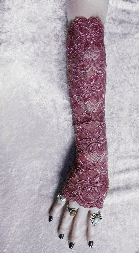 Merla Lace Arm Warmers Dusky Plum Mauve Embroidered Floral