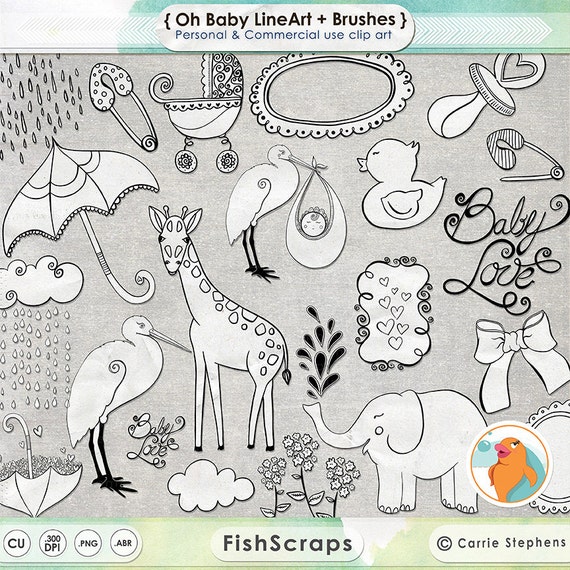 Baby Line Art, Baby Doodles, Outline Clip Art, Digital Stamp, PNG + Photoshop Brush, Baby Shower ClipArt, Stork, Elephant, Umbrella Il_570xn
