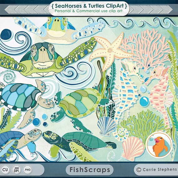 SeaHorse & Sea Turtles ClipArt, Coastal Ocean Animal Clip Art, Under the Sea Creature, Tropical Summer Vacation, Ocean Aquarium Il_570xn