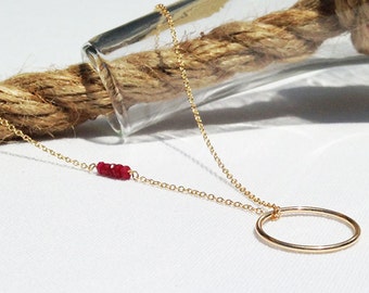 Ruby Necklace - Genuine Ruby - Gold Ruby Circle Necklace - July Birthstone - Red Birthstone