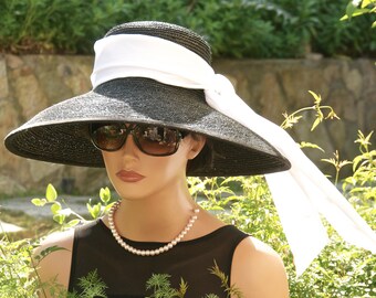 Audrey Hepburn Hat, Breakfast at Tiffany's Hat, Wide Brim Hat, Kentucky Derby Hat, Ascot Hat, Black & White Hat, Wedding Hat, Formal Hat