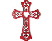 Decorative Cross, hand painted cross in red with cut out flourishes and hearts, white polka dots, wooden cross, Scandinavian style cross