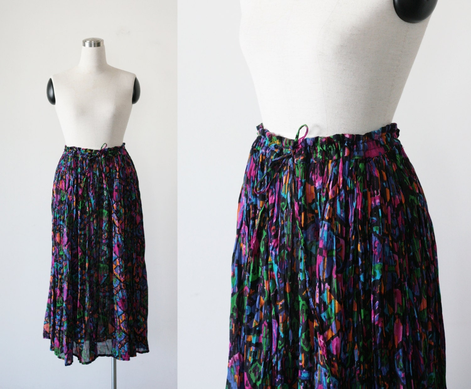 Vintage boho long gauze India skirt, gauzy cotton multicolored hippie