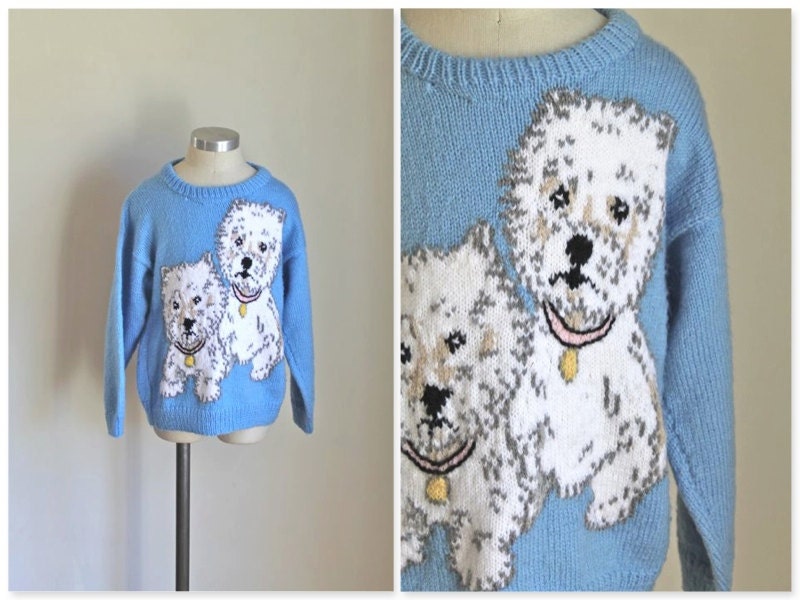 vintage novelty sweater WHITE SCOTTIES dog print blue by MsTips