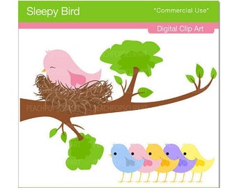 50% OFF SALE - baby bird clip art bird clip art bird tree nest pink blue orange - Sleepy Bird - Digital Clip Art