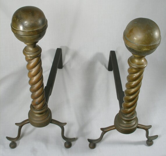 Antique Brass and Copper Cannon Ball Andirons 19 inch firedogs