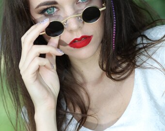 small round gold metal sunglasses Goth Steampunk retro Victorian vampire Dracula unisex cosplay rock Sherlock Holmes