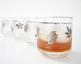 Retro Cocktail Glasses Low Ball Glasses Rocks Glass Barware Libbey Silver Foliage Old Fashioneds Silver Leaves Leaf