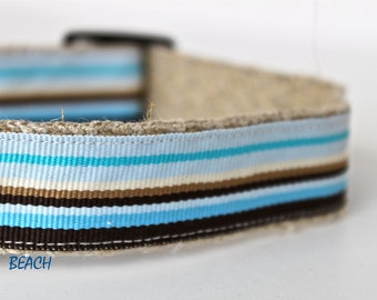 ON SALE - Stripe Blue, Tan and White Dog Collar, Adjustable Dog Collar, Hemp Dog Collar