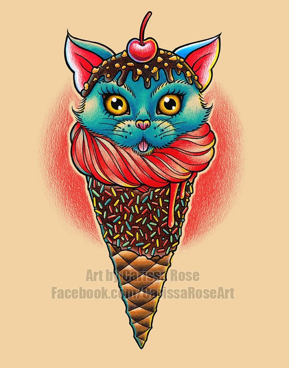 on cone cat Cute Cream For Ice Flash Cone Cat Home Tattoo Illustration Blue the