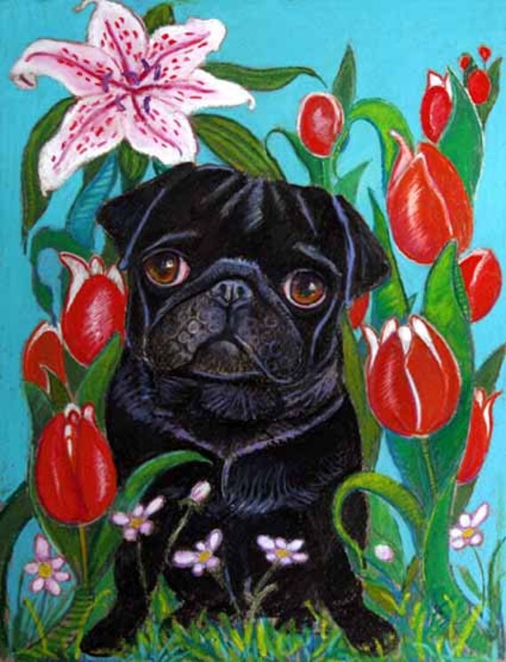 black pug painting pug painting painting tulips black pug original black pug painting pug painting painting tulips black pug original