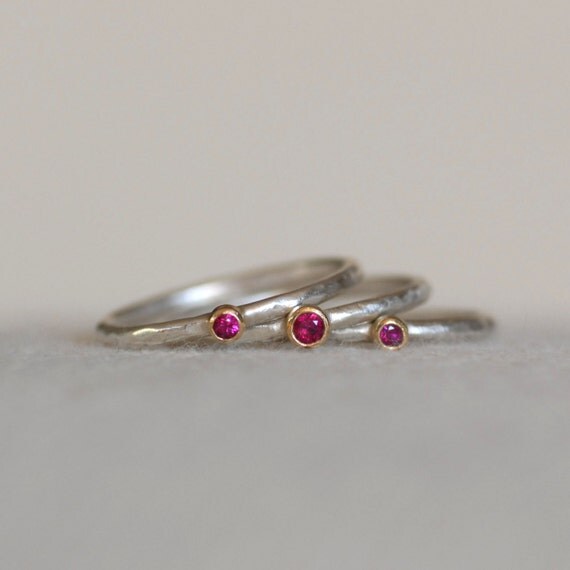 Tiny Ruby Ring Set 18k Gold and Silver Stack by LilianGinebra