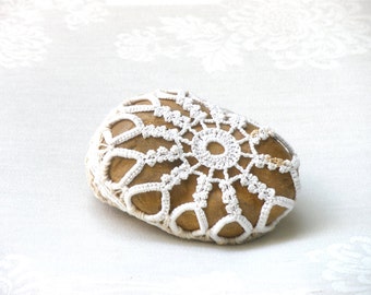 Crochet lace stone, Natural Wedding favors ,Inspirational Wedding Decor, Shabby chic Stone, Ring Bearer Pillow alternative.