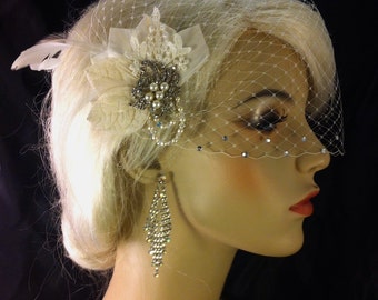 Birdcage Veil, Bridal Veil and Bridal Clip, Bandeau Birdcage Veil, Blusher, Ivory Feather Hair Clip, Swarovski Crystals and Pearls