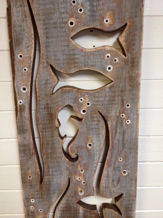 Wood School of Fish Seahorse Crab Art Vertical by CastawaysHall