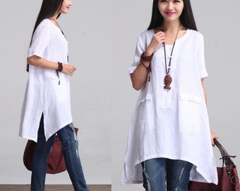 Loose Fitting Plus Size Linen Shirt Blouse for Women(C) - Off-White - Women Clothing (SY006)(M-3XL)