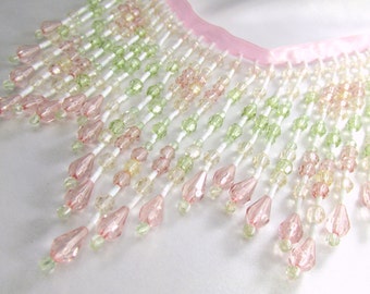 Vintage Pink, Light Sage Green, pale gold and white 5.25 inch long Beaded Fringe Trim or Decorator Trim by the yard