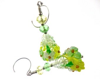 Lampwork Earrings, Yellow White Green Flower Cone Earrings, Glass Bead Earrings, Dangle Drop Earrings, Beadwork Earrings, Lampwork Jewelry