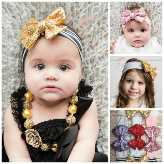 Gold sequin Bow Headband, Girls jersey Head wraps, Girls Headband,Black and Gold Headband, Baby Headbands,Baby Knott Headband, Head wraps. by ThinkPinkBows