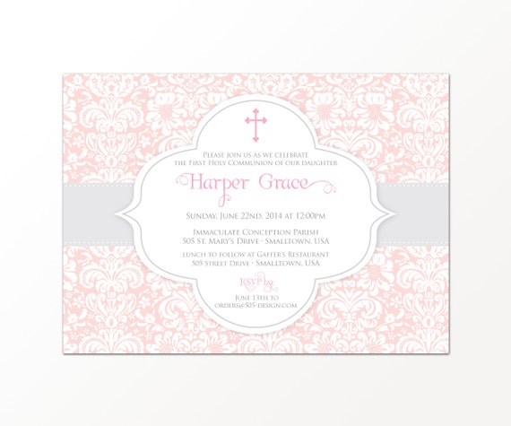 Girls Communion Invitation - Printed or Printable File Damask Pink Communion Invitation by 505 Design, Inc Il_570xn