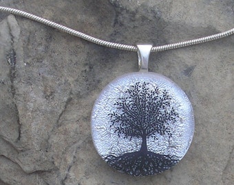 Silver Tree of Life Necklace Dichroic Fused Glass Tree of Life Pendant