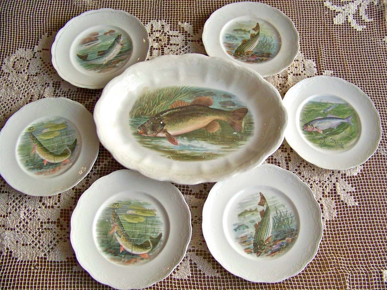 Antique Fish Platter Game Plates Set Fishing by CynthiasAttic