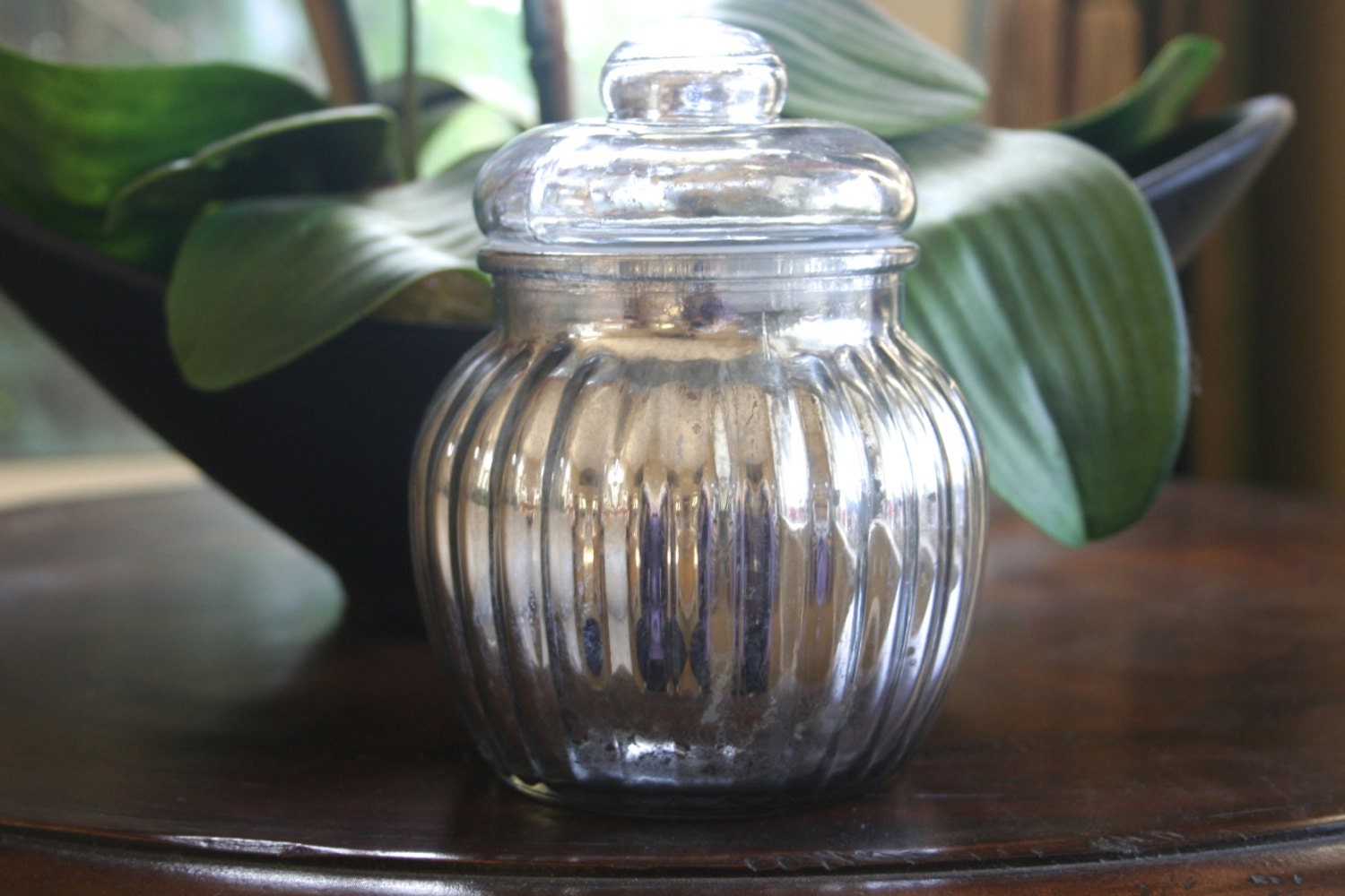 Decorative Ribbed Mercury Glass jar with lid
