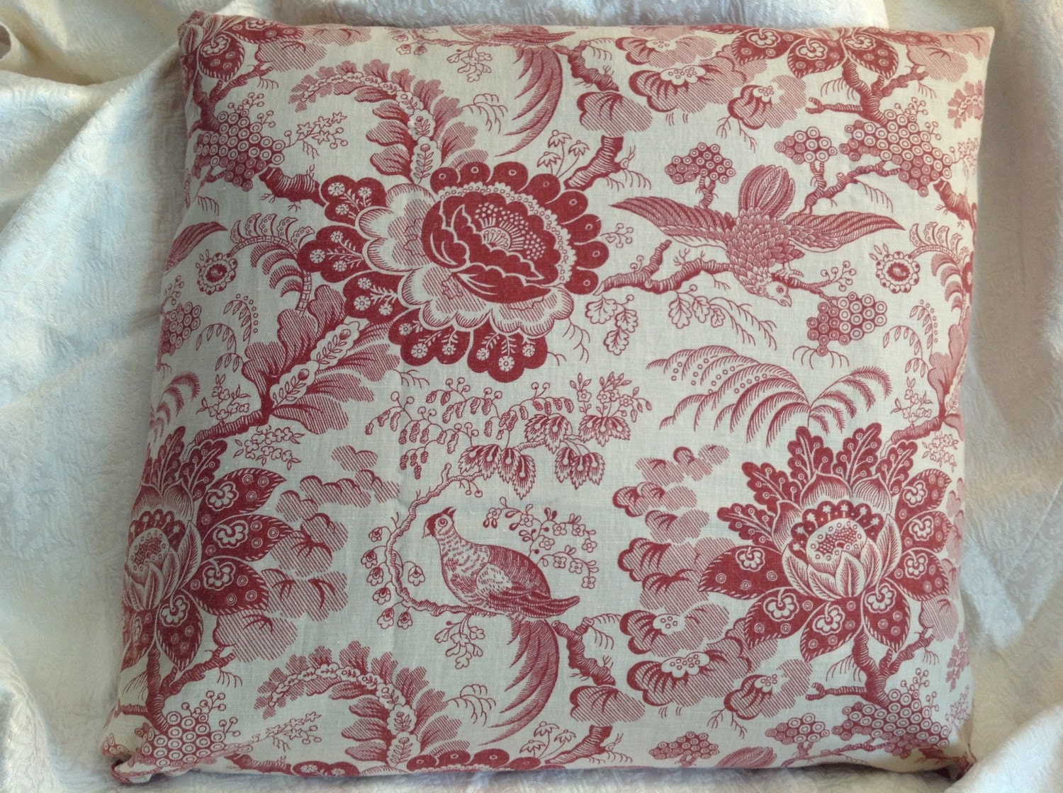 Toile pillow cover Cream and antique red by rosesofyesteryear
